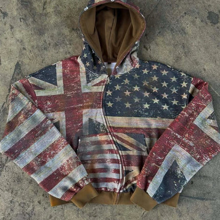 2026 New Women's Zipper Hoodie Retro Flag Printed Hoodie Sportswear Casual Street Wear Y2K Long Sleeve Top