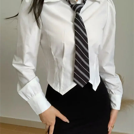 Slimming Preppy Style White Long Sleeve Shirt For Women New Season Japanese Style JK Uniform Bow Tie Waist-Fitted Blouse