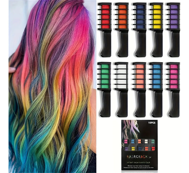 10 Colors Hair Chalk Comb, New Temporary Hair Dye Comb Washable, Temporary Hair Color Chalk Sticks for Parties