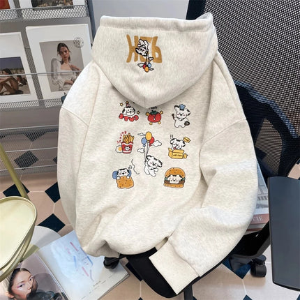 Preppy Style Cute Sweet Hoodie Women's Autumn Winter Stylish Cartoon Dogs Embroidered Hooded Sweatshirt Kawaii Pullovers
