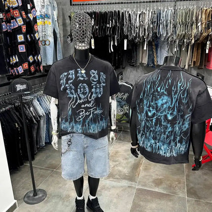 90s Comfortable Printed Fire Element Pure Cotton Series Short-Sleeves Black Minimalism American Street Casual Sports T-shirts