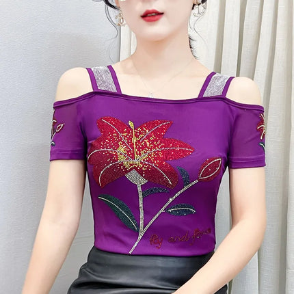 Summer Streetwear Fashion Women's T-shirt Luxury Design Butterfly Hot Diamonds Tee Sexy Off Shoulder Girls Tops European Clothes