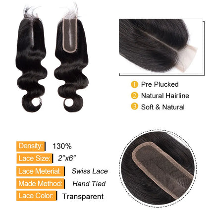 Body Wave 2x6 Closure Human Hair Transparent 2x6 Lace Closure Hair Extensions for Women Straight Hair Natural Color Pre Plucked