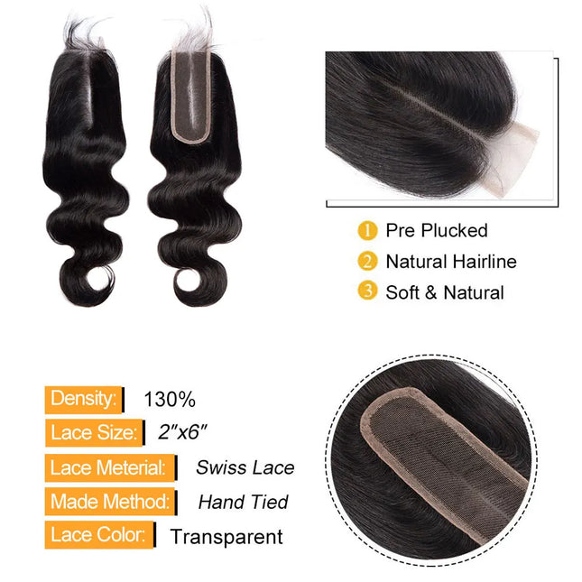 Body Wave 2x6 Closure Human Hair Transparent 2x6 Lace Closure Hair Extensions for Women Straight Hair Natural Color Pre Plucked