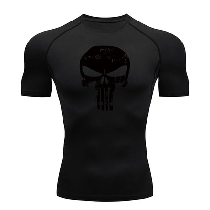 Skull Print Compression Shirts for Men Gym Workout Running Tshirts Sporty Athletic Quick Dry Tees Tops Short Sleeve Rash Guard