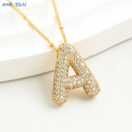 SUNSLL Cubic Zircon A-Z 26 Bubble Letter Necklace 2 Sizes Gold Plated M Chunky Balloon Initials Pendant Women Chain Jewelry 2024