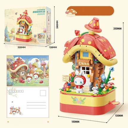 JAKI block music box Mushroom house Cherry blossom tree 3D stereoscopic painting creative decoration children's block toys
