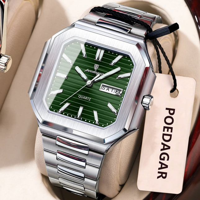 POEDAGAR Luxury Square Male Watch Waterproof Luminous Date Week Quartz Watches For Men Stainless Steel Fashion Men's Clock Reloj