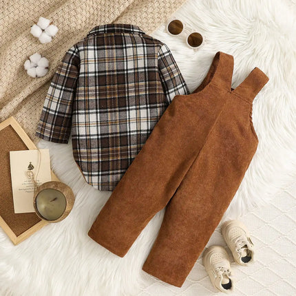 Outdoor Casual Set For Male Infants In Autumn And Winter Featuring Long-Sleeved Plaid Shirts And Long Pants Jumpsuits