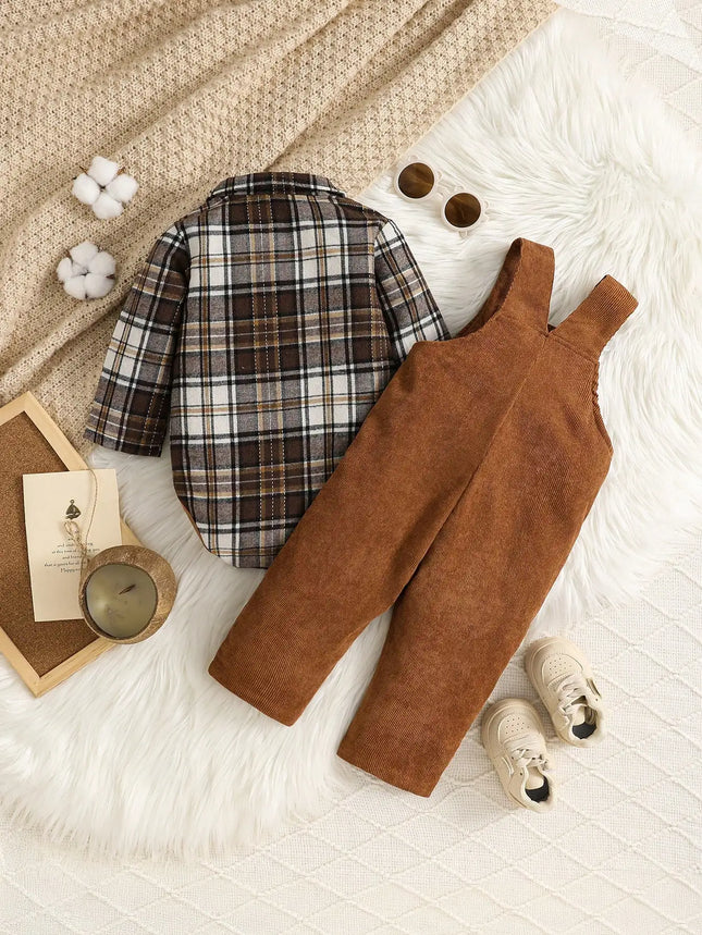 Outdoor Casual Set For Male Infants In Autumn And Winter Featuring Long-Sleeved Plaid Shirts And Long Pants Jumpsuits