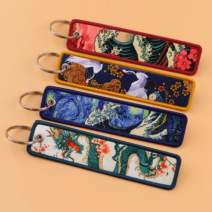 Japanese Van Gogh Art Waves Key Tag Keychains Women Koi Fish Keychain for Car Motorcycles Keys Keyring Men Holder Jewelry Gifts