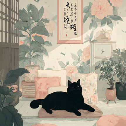Japandi Black Cat Poster Minimalist Asian Cat Prints Canvas Painting Minimalist Japanese Wall Art Pictures Home Room Decoration