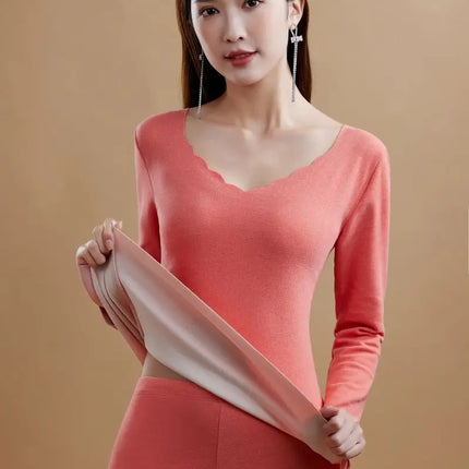 Velvet Long Johns Solid Thermal Underwear Sets Winter Women Clothes Warm Lingerie Long Sleeve Trousers 2 Pieces Thermal Pants