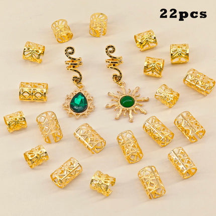 22pcs Golden Mixed Dreadlocks Set Street Party Little Braid Accessories For Women Braids Mixed 6 Patterns Hair Rings