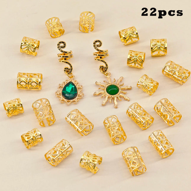 22pcs Golden Mixed Dreadlocks Set Street Party Little Braid Accessories For Women Braids Mixed 6 Patterns Hair Rings