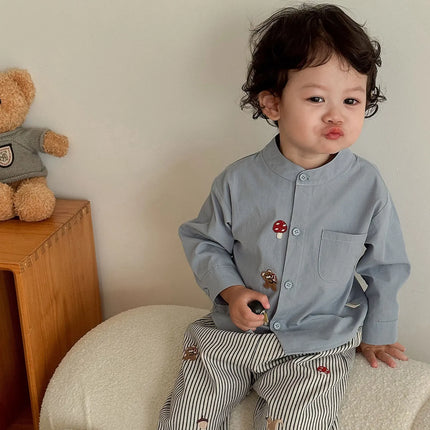 2026 Fall New Toddler Kids Pants Cotton Cartoon Embroidered Harem Pants Baby Boy Casual Striped Denim Baggy Trousers