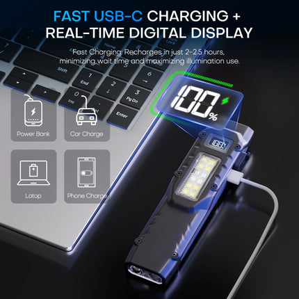Rechargeable 1500 Lumen Flat Flashlights EDC Tactical Flashlight,Dual-Switches LED Small Flashlight with Digital Display,Stainle