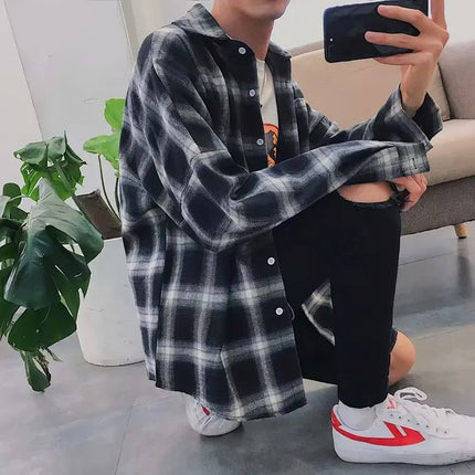 Casual Plaid Long Sleeve Men's Shirt Autumn Korean Style Loose Fashionable Outerwear Couple's Casual Shirt Comfortable Fit