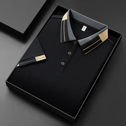 2025 New Men's Collar Polo Shirt Short Sleeved Sweat Absorbing Polo Tops, Luxury Jacquard Breathable Contrast Color T-shirt