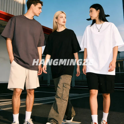 2026 New Summer Couple T-shirts Oversized Cotton T-Shirt Casual High Street Short Sleeves Tee Shirt Basic Solid Color Loose Tops