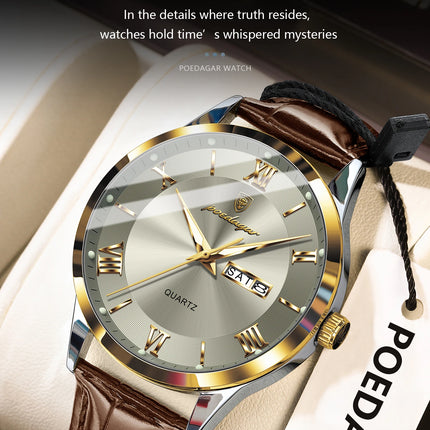 POEDAGAR Original Luxury Men's Wristwatch Leather Date Week Quartz Fashion Men Watch Waterproof Luminous Classic Watches For Men