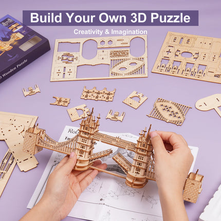 Rolife DIY Wooden 3D Puzzle Tower Bridge Model Building Kit Brain Teaser Puzzle Toy with LED Light for Home Decor Gift for Adult