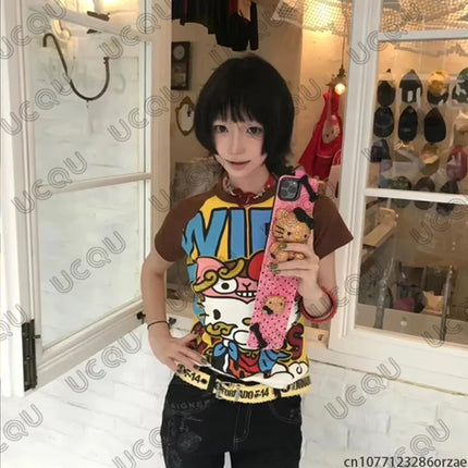 2026 New Y2K Sanrio HelloKitty Anime Cartoon Print T-shirt For Girls Summer Short Sleeve Tees High Street Gothic Kids/Adult Tops