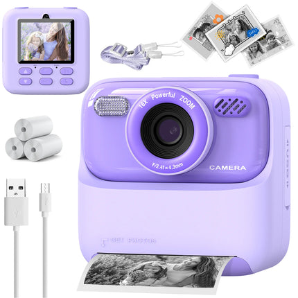 Kids Instant Print Camera 1080P HD Dual Lens Selfie Camera with Flash 3 Rolls Paper 2.0" Screen Games Digital Camera for Boys