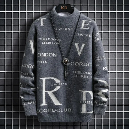 Men's Autumn Winter Fleece Lined Knitted Half High Collar Sweater Letter Pattern Thick Warm Casual Wear for All Seasons