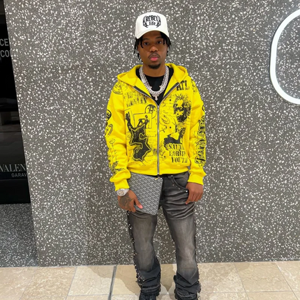 Vintage Yellow Fashion Print Zip Up Hoodies Harajuku Hip Hop Long Sleeve Coats Loose Hooded Sweatshirt Men and Women Streetwear