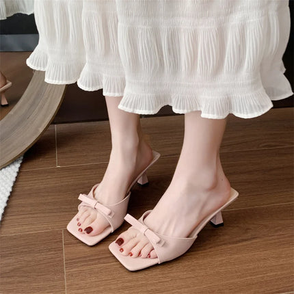 Designer Women Square Toe High Heel Slippers Fashion Butterfly-knot Dress Shoes Summer Stripper Mules Slides Zapatos De Mujer