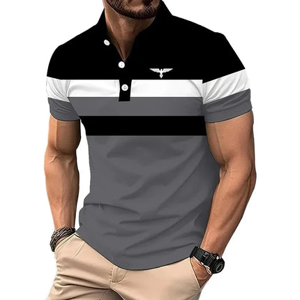 Men's summer casual short-sleeve sports shirts, men's polo shirts, color block, slim fit lapel shirts, polo shirts, men's