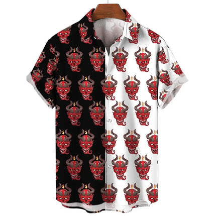 Devil Pattern Men's Shirts Oversized Shirt Loose Casual Double Patchwork Red Imp Party Festival Camisas Original