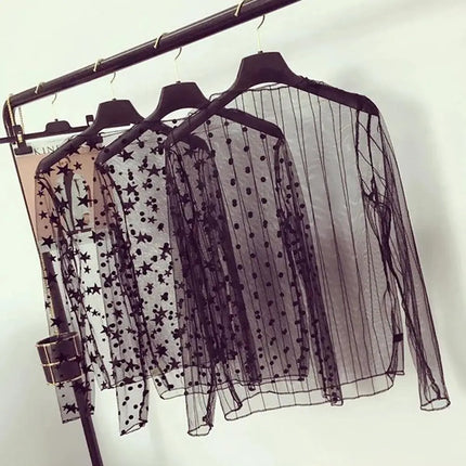 Korea Style Mesh T Shirt Lace Flower under Shirt Long sleeve transparent Tshirt Sexy Black Lace See through Mesh Tee Tops Women