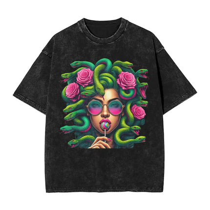 Funny Medusa GIRLS WILL BE GIRLS Meme Graphic Print T-shirt Men Women Vintage Washed Cotton Summer New Tees Oversized Casual Top