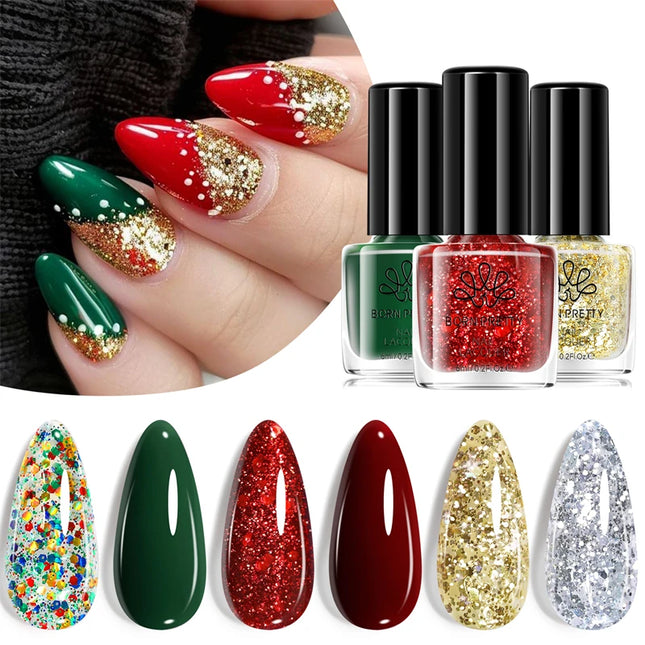 BORN PRETTY 6ml Red Silver Gold Color Christmas Nail Polish Set 6Pcs Natural Air Dry Nail Art Varnish Manicure Nail Art Design
