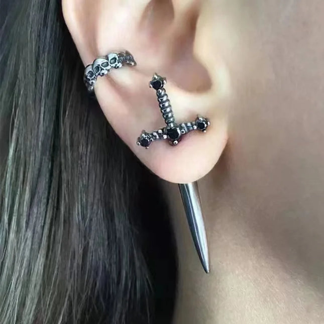 Kiss Jewelry Punk Sword Gothic Kinitial Piercing Earrings for Woman Men Gothic Crystal Ear Jacket Stud Earrings Jewelry