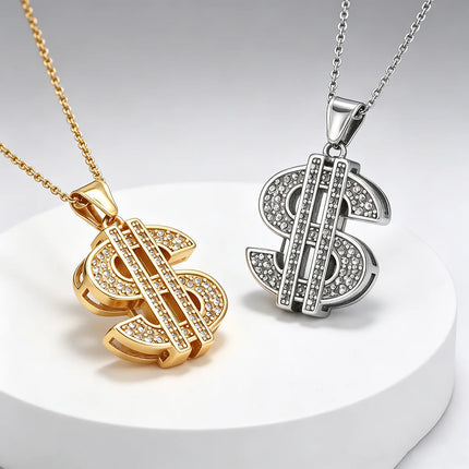 Bling Stainless Steel Dollar Sign Pendant Necklace for Women Men Punk Crystal Charms Chain Money Symbol Jewelry Accessories Gift