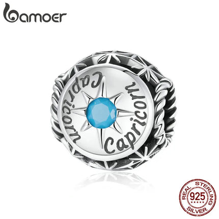BAMOER Zodiac Star Sign 925 Sterling Silver Charm Beads Fit for Charm Bracelets, 12 Constellations Cubic Zirconia Charm SCC1725