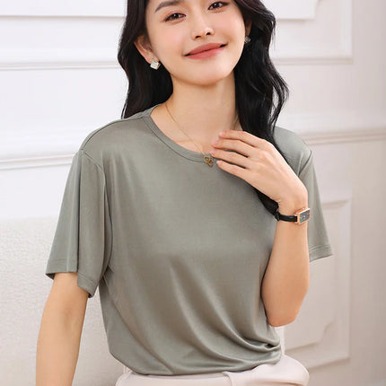 Summer Women's Short Sleeve O-Neck T-Shirt Knitted Acetate Fabric High-End Thin Pullover Top for Ladies