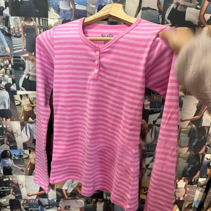 Pink Striped Slim Long Sleeve Tees Women Spring Casual Cotton O-neck Tshirt New Tops Clothes Sweet Cute  Vintage T-shirts Y2K