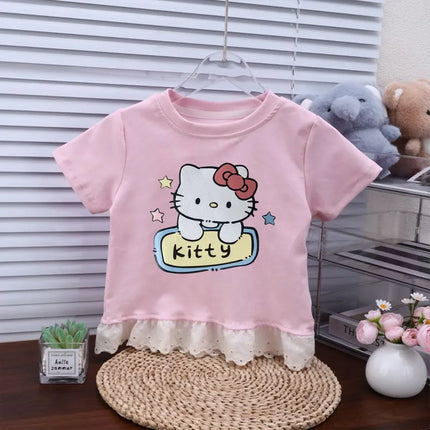 Sanrio New Hello Kitty Cute and Trendy Children T-shirt Summer Daily Outdoor Sports Party Casual Street Short-sleeve