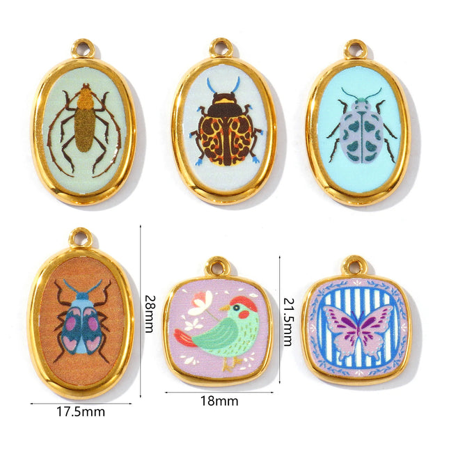 2 Pcs 304 Stainless Steel Insect Charms Oval Printed Ladybug Beetle Bird Butterfly 18K Gold Plated Pendants For DIY Necklace