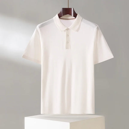 100% Lyocell men's T-shirt casual solid color knitted pullover short sleeved loose POLO collar Tees Pull on vest Tops