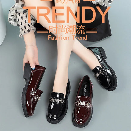 Women's Mary Jane Platform Shoes Round Head Spring New Metal Chain Casual Soft Patent Leather Slip on Loafers Office Size 35-41
