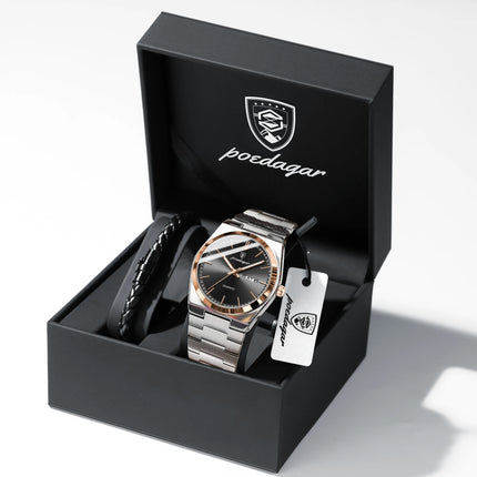 POEDAGAR Fashion Casual Men's Wristwatch Waterproof Luminous Date Week Men's Watches Stainless Steel Quartz Business Men Watch+Box