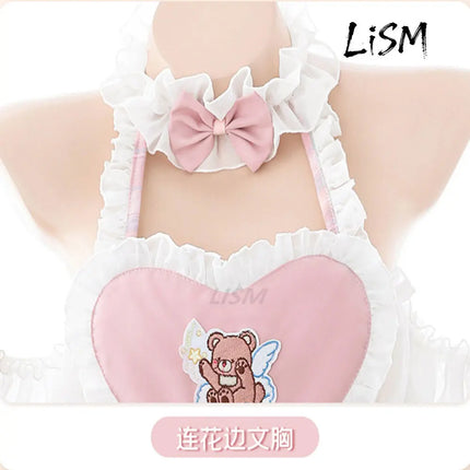 LISM Cute Pink Lolita Maid Costume Sweet Anime Bear Embroidery Lingerie Set for Cosplay Role Play