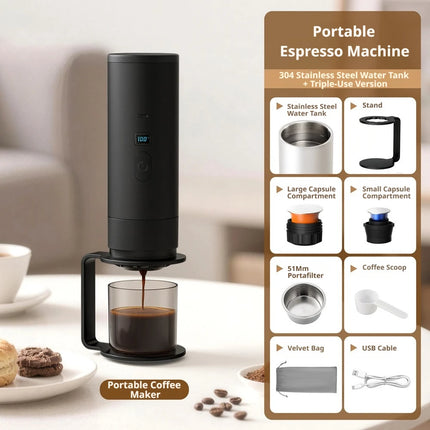 2026NEW Upgrade Portable 3-in-1 Espresso Maker 51mm filter Basket, Rechargeable, for Nespresso/DolceGusto/Ground, Camping Travel