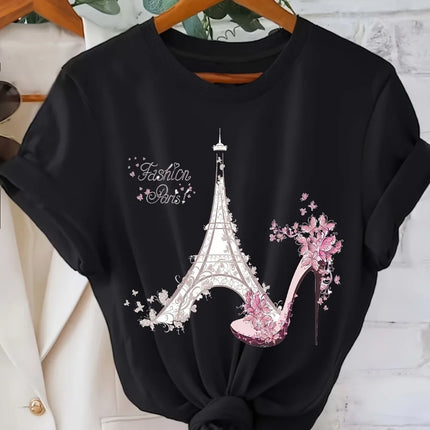 Vibrant Eiffel Tower Graphic Tee Casual Short Sleeve Crew Neck Top for Spring & Summer with Comfortable