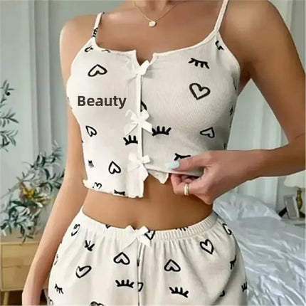 New Hot Sale Of The Season Heart Pattern Color Block Sleepwear Set with Slit in Front Strap Women's Vest Tops Non-Stitched Exte